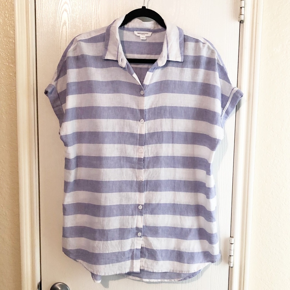 [Beachlunchlounge] Linen Top Blue White Stripes Button Down Rolled Cuff Medium